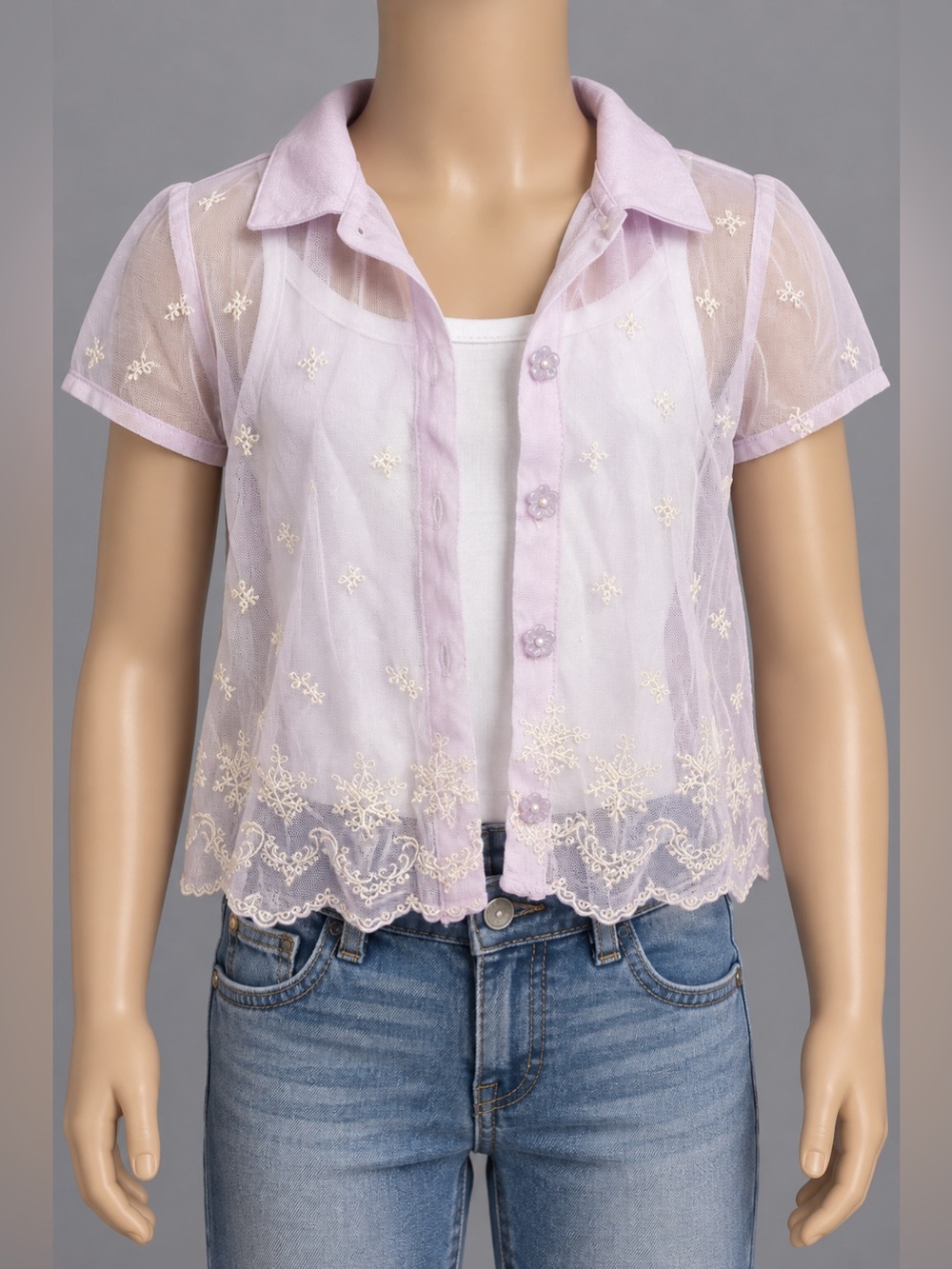 Vintage Disorderly Kids Large L Sheer Lace Floral Embroidered Top Y2K